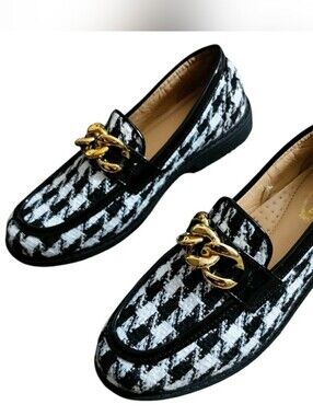 Atalina Houndstooth Loafers Slip On Gold Chain Design Chunky